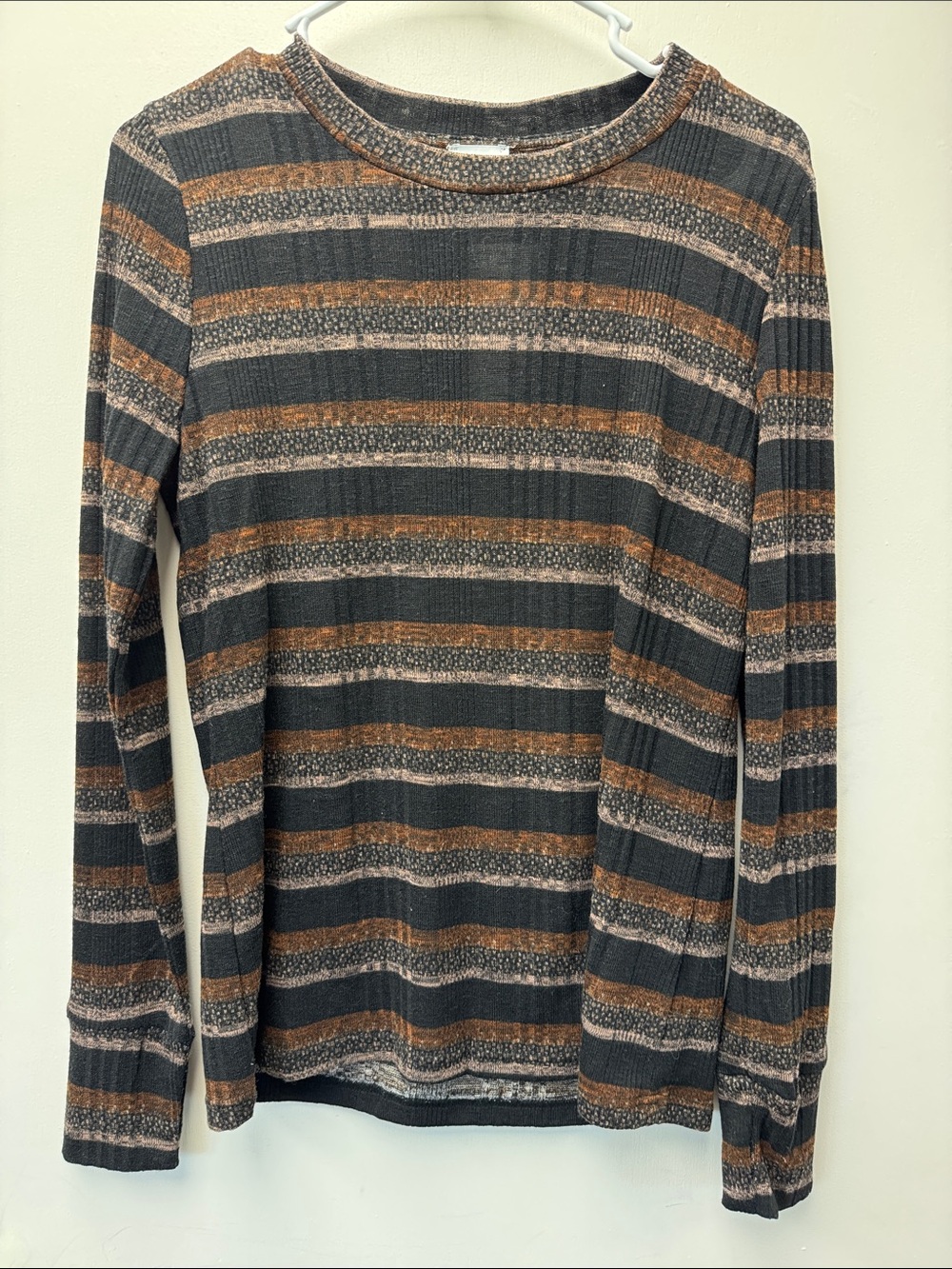 Striped Long-Sleeve Crewneck Top in Black and Brown